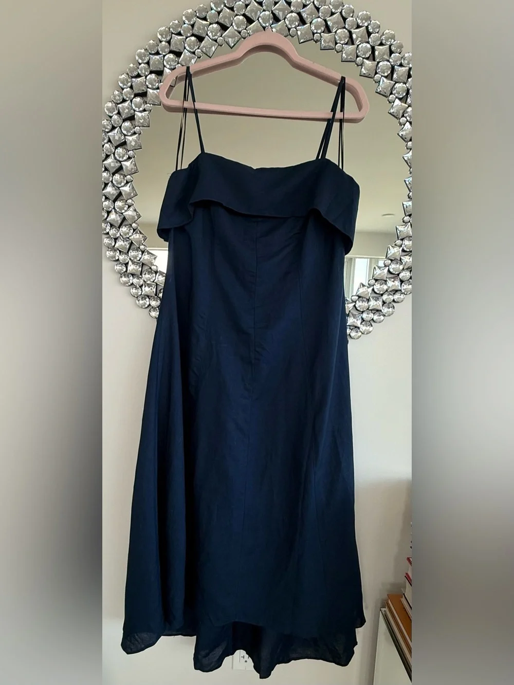 Linen Navy Spaghetti-Strap Midi Dress